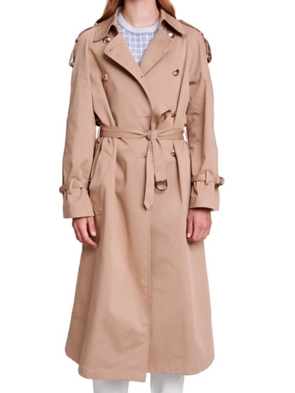 Maje Grenchie Beige Double-Breasted Trench Coat with Tie Belt